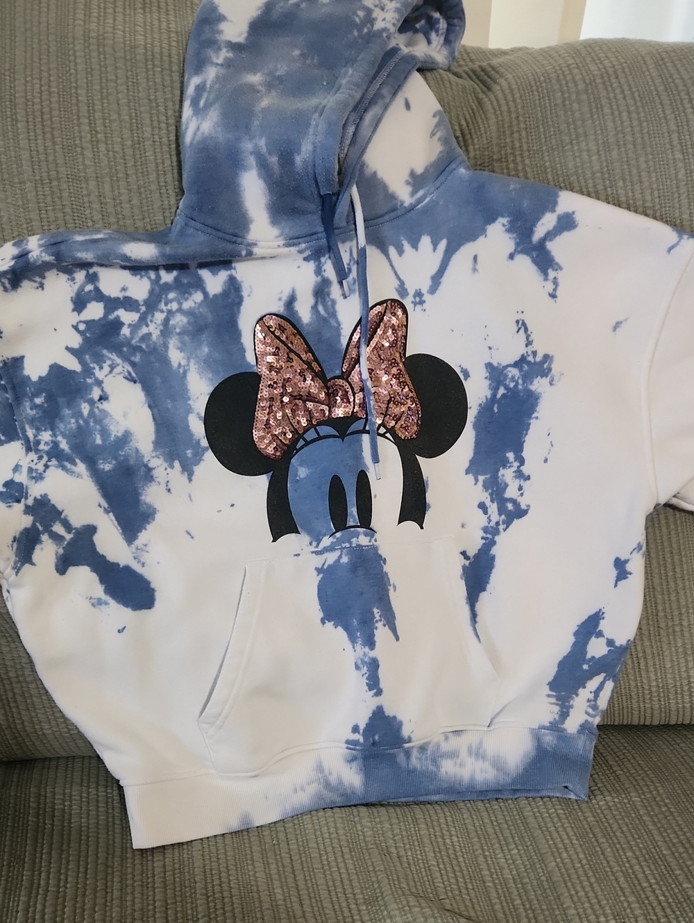 Disney Tie-Dye Blue & White Hoodie with Pink Sequin Minnie Bow